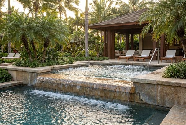 Spillover spa in a resort-style backyard lit at night
