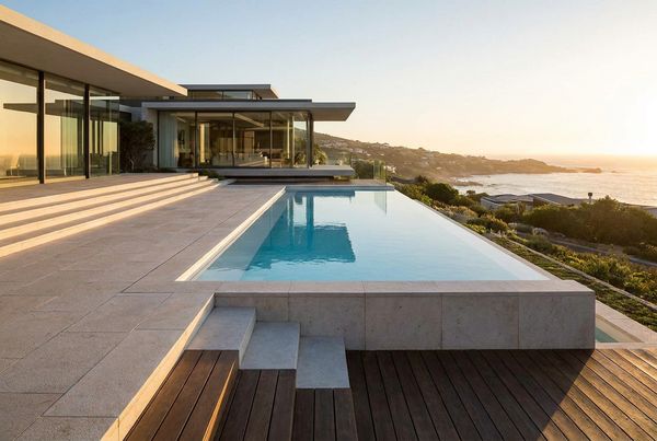 Modern rectangular spool pool with clean coping and a bench