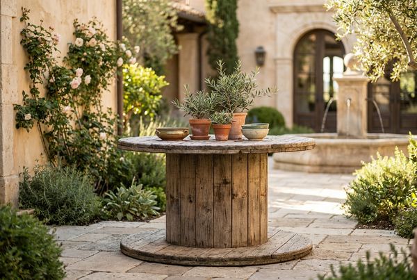 Spool pool set into a paved courtyard with planting around it