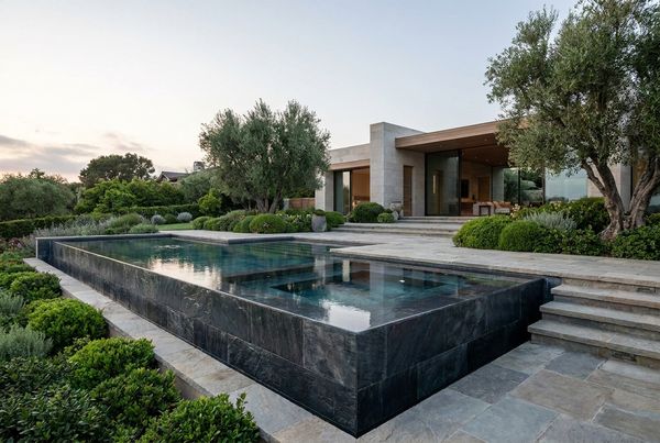 Spool pool with a dark charcoal tile interior reflecting the sky