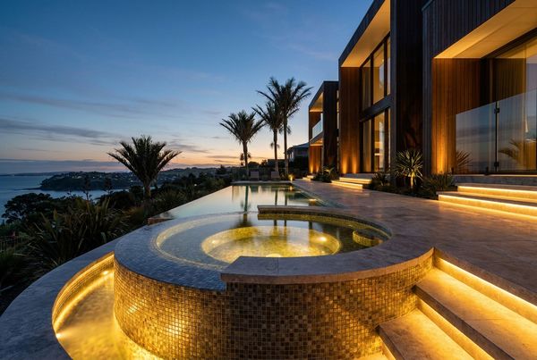 Spool pool lit warmly at dusk showing waterline LED lighting