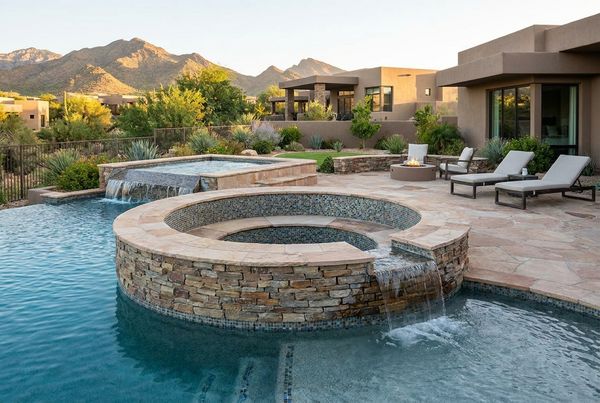 Spool pool with a raised spa spilling over into the main basin