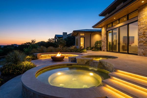 Spool pool lit warmly at dusk in a paved courtyard