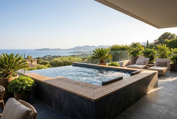 Spool pool with spa jets bubbling along a curved bench