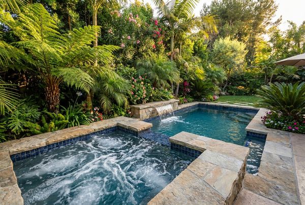 Spool pool flush with a limestone patio and lounge chairs