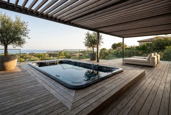 Modern swim spa installed on a wooden deck in a backyard