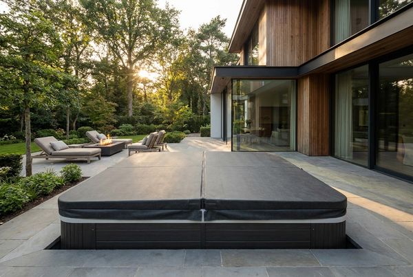 Swim spa with an insulated hard cover partly rolled back