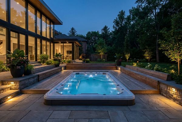 Swim spa lit at dusk with warm LED lighting glowing in the water