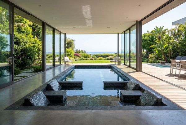 Swim spa with built-in lounge seats and massage jets at one end