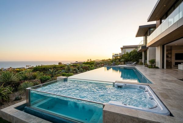 Swim spa installed beside a full-size swimming pool in a backyard