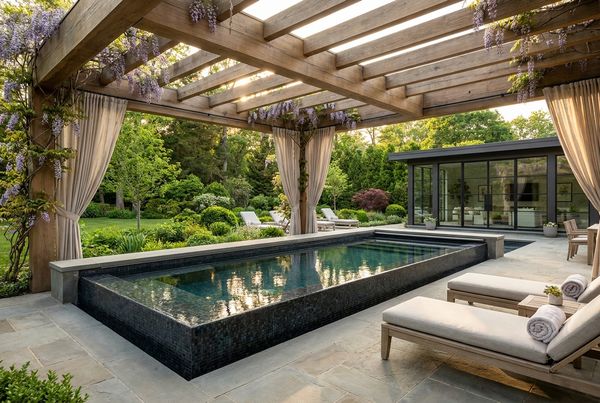 Swim spa under a wooden pergola with a slatted roof