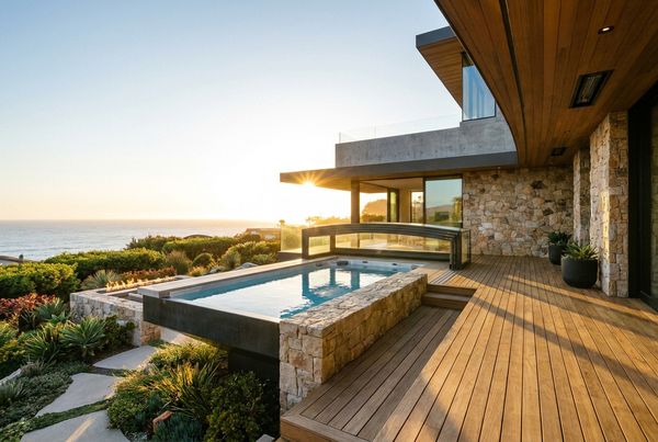 Modern swim spa styled with clean decking and cabinetry