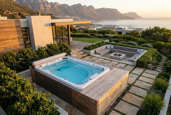Swim spa with a dark shell and warm evening lighting