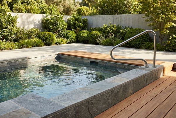 Compact swim spa fitted into a small paved courtyard