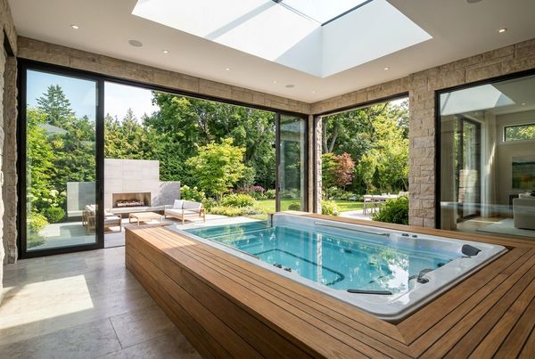 Swim spa with a hard cover lifted to one side