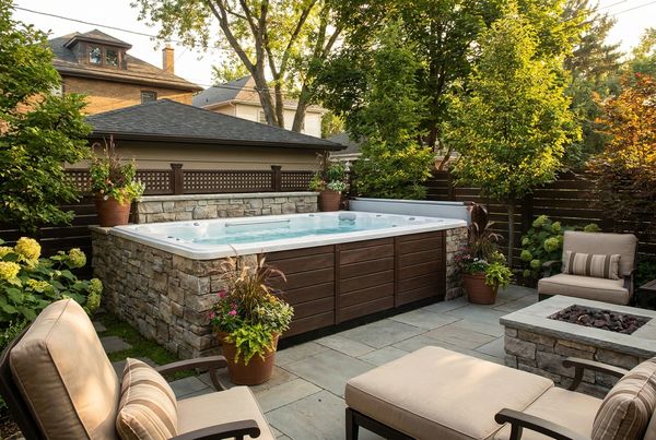 Swim spa beside a full-size swimming pool in a backyard