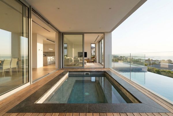Swim spa with LED-lit water and a modern cabinet