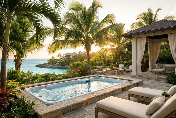 Dual-zone swim spa with a separate hot tub section