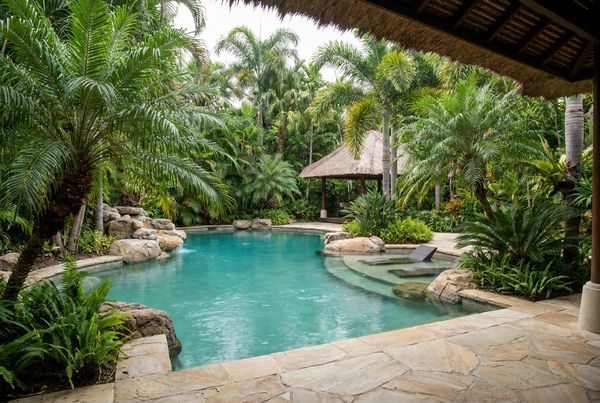 Lush palms surrounding a freeform lagoon pool