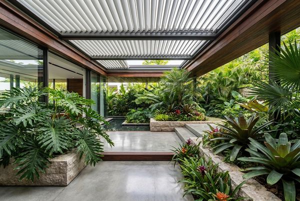 Dense green tropical planting layered in tiers around a pool