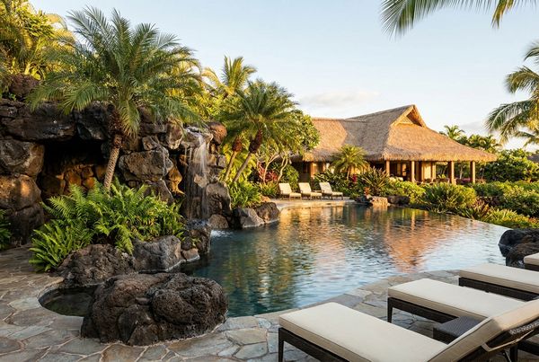 Tropical pool with a rock grotto surrounded by clean planting beds