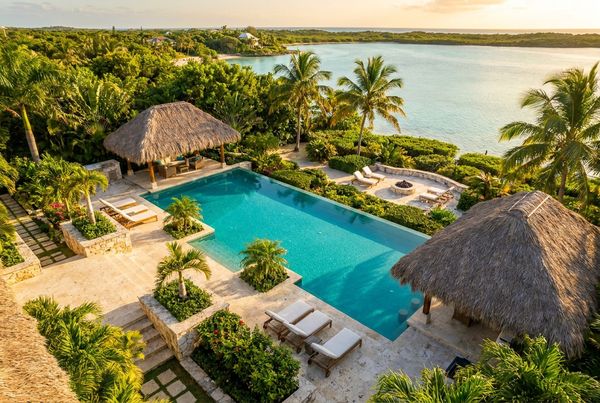 Aerial view of a freeform tropical pool surrounded by dense planting