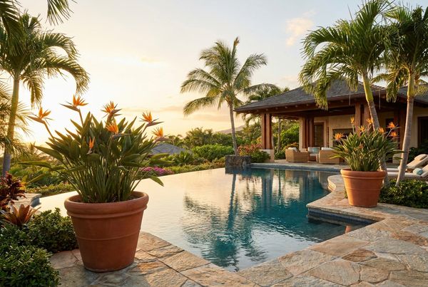 Tropical pool framed by orange bird of paradise flowers