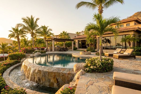 Styled tropical backyard with a freeform pool and palms