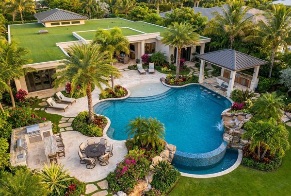 Resort-style tropical pool with layered green planting