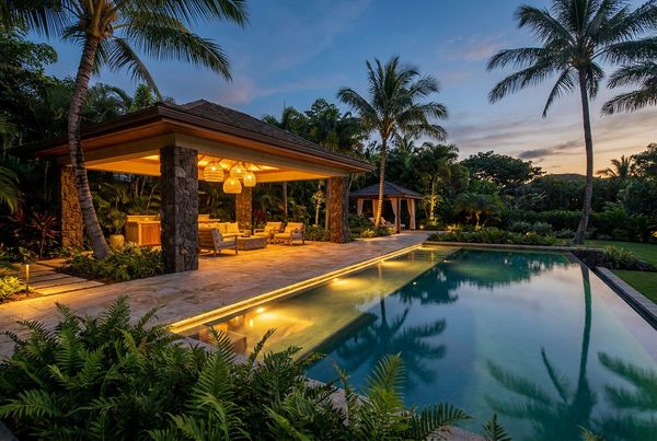 Tropical pool with a rock waterfall and lush surrounds