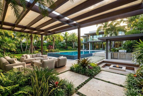 Tropical pool with a tiki hut and thatched roof
