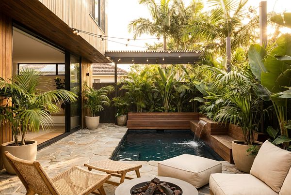 Tropical pool with a rock grotto and cascading water