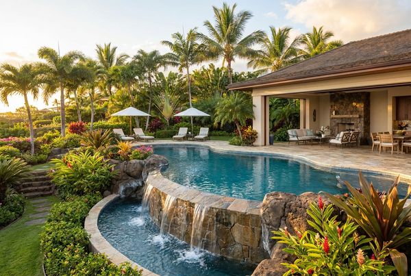 Tropical pool with a swim-up bar and lush green backdrop