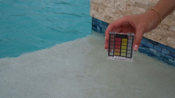 PoolPad tester holding a filled pool water test kit at the edge of a backyard pool
