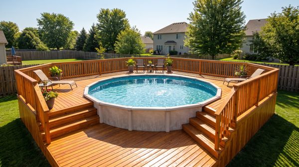 Above-ground swimming pool wrapped in a cedar deck in a suburban backyard
