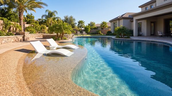 Pool with a gradual beach entry and in-water loungers