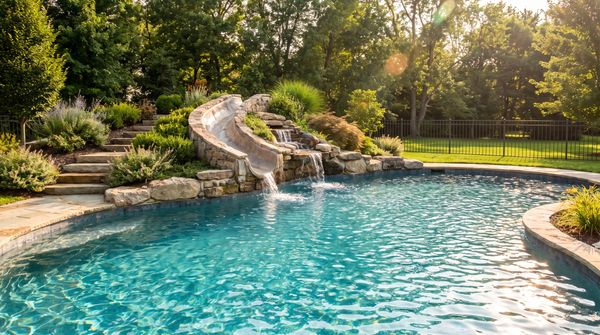 Family backyard pool with a natural stone water slide