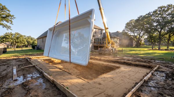 Fiberglass swimming pool shell being lowered by crane into an excavated yard
