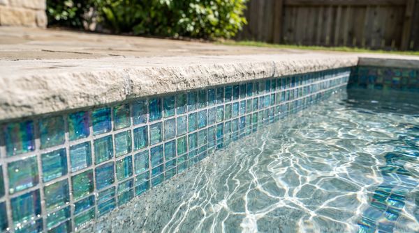 Iridescent glass mosaic waterline tile with sunlight caustics