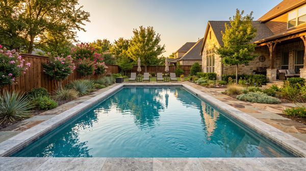 Rectangular inground swimming pool with travertine coping in a landscaped backyard