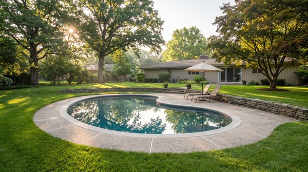Classic kidney-shaped pool with a manicured lawn and shade trees