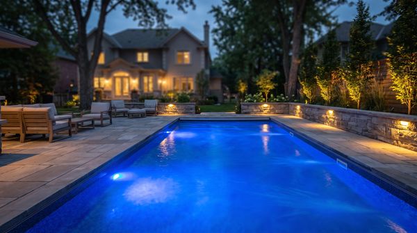 Backyard swimming pool glowing with blue LED lighting at night