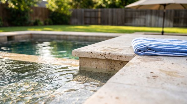 Travertine pool coping and deck detail beside sparkling water