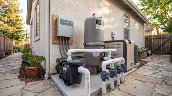 Residential pool equipment pad with pump, filter, heater and automation panel