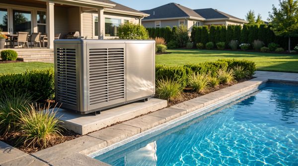 Modern pool heat pump on a concrete pad beside a swimming pool