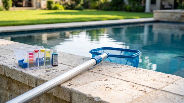 Skimmer net and water test kit on the stone edge of a clear swimming pool