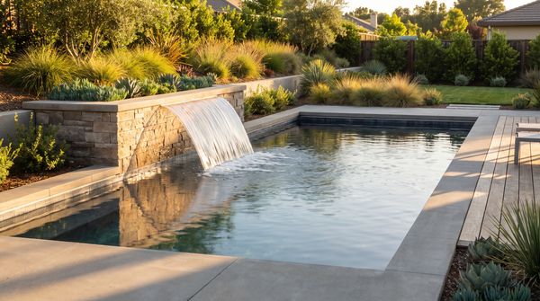 Sheer-descent waterfall pouring from a raised wall into a modern pool