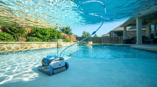 Robotic pool cleaner working underwater on the floor of an inground pool