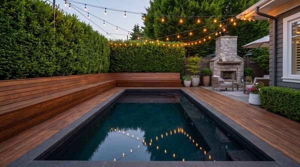 Compact plunge pool with wood deck and string lights in a small city backyard