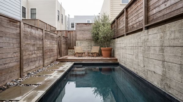 Compact dark-plaster pool in a narrow walled city courtyard